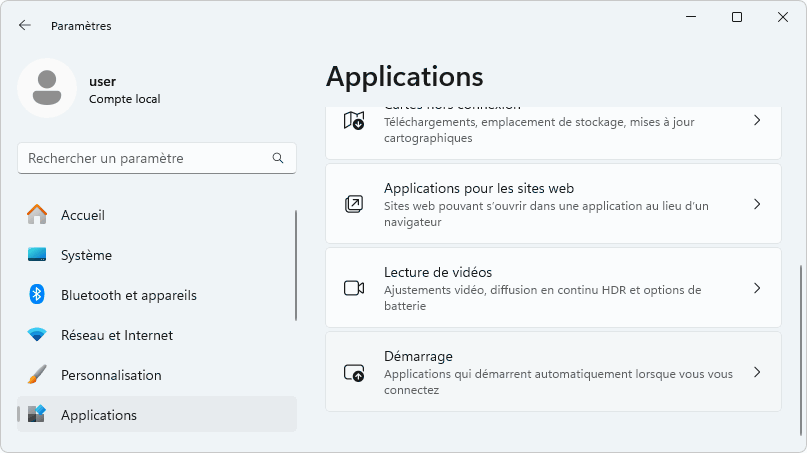 Paramètres application démarrage windows 11