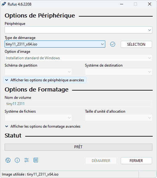 Rufus, selection de l'image ISO